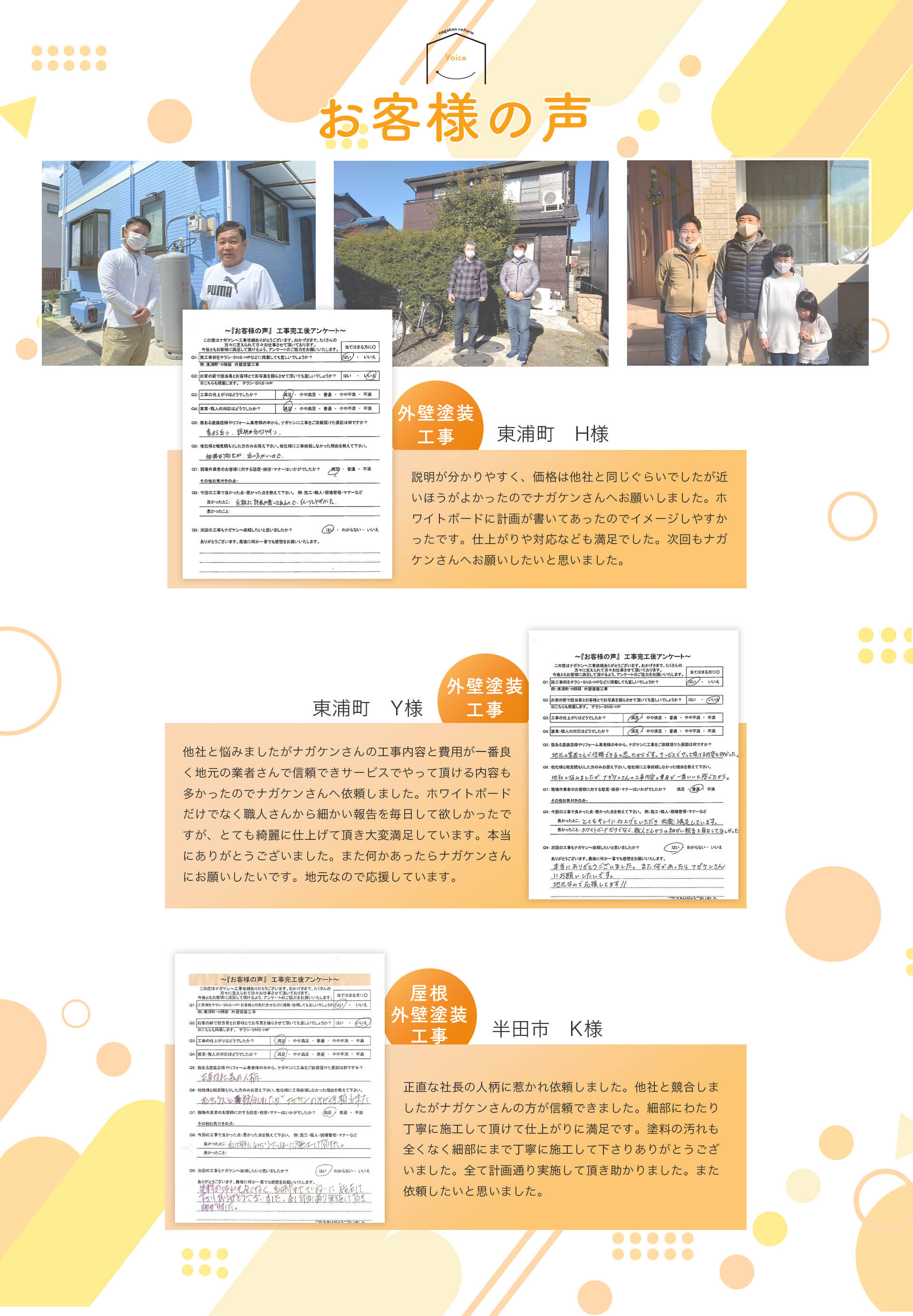 お客様の声。外壁塗装工事。東浦町H様。説明が分かりやすく、価格は他社と同じぐらいでしたが近いほうがよかったのでナガケンさんへお願いしました。ホワイトボードに計画が書いてあったのでイメージしやすかったです。仕上がりや対応なども満足でした。次回もナガケンさんへお願いしたいと思いました。外壁塗装工事。東浦町Y様。他社と悩みましたがナガケンさんの工事内容と費用が一番良く地元の業者さんで信頼できサービスでやって頂ける内容も多かったのでナガケンさんへ依頼しました。ホワイトボードだけでなく職人さんから細かい報告を毎日して欲しかったですが、とても綺麗に仕上げて頂き大変満足しています。本当にありがとうございました。また何かあったらナガケンさんにお願いしたいです。地元なので応援しています。屋根外壁塗装工事。半田市K様。正直な社長の人柄に惹かれ依頼しました。他社と競合しましたがナガケンさんの方が信頼できました。細部にわたり丁寧に施工して頂けて仕上がりに満足です。塗料の汚れも全くなく細部にまで丁寧に施工して下さりありがとうございました。全て計画通り実施して頂き助かりました。また依頼したいと思いました。